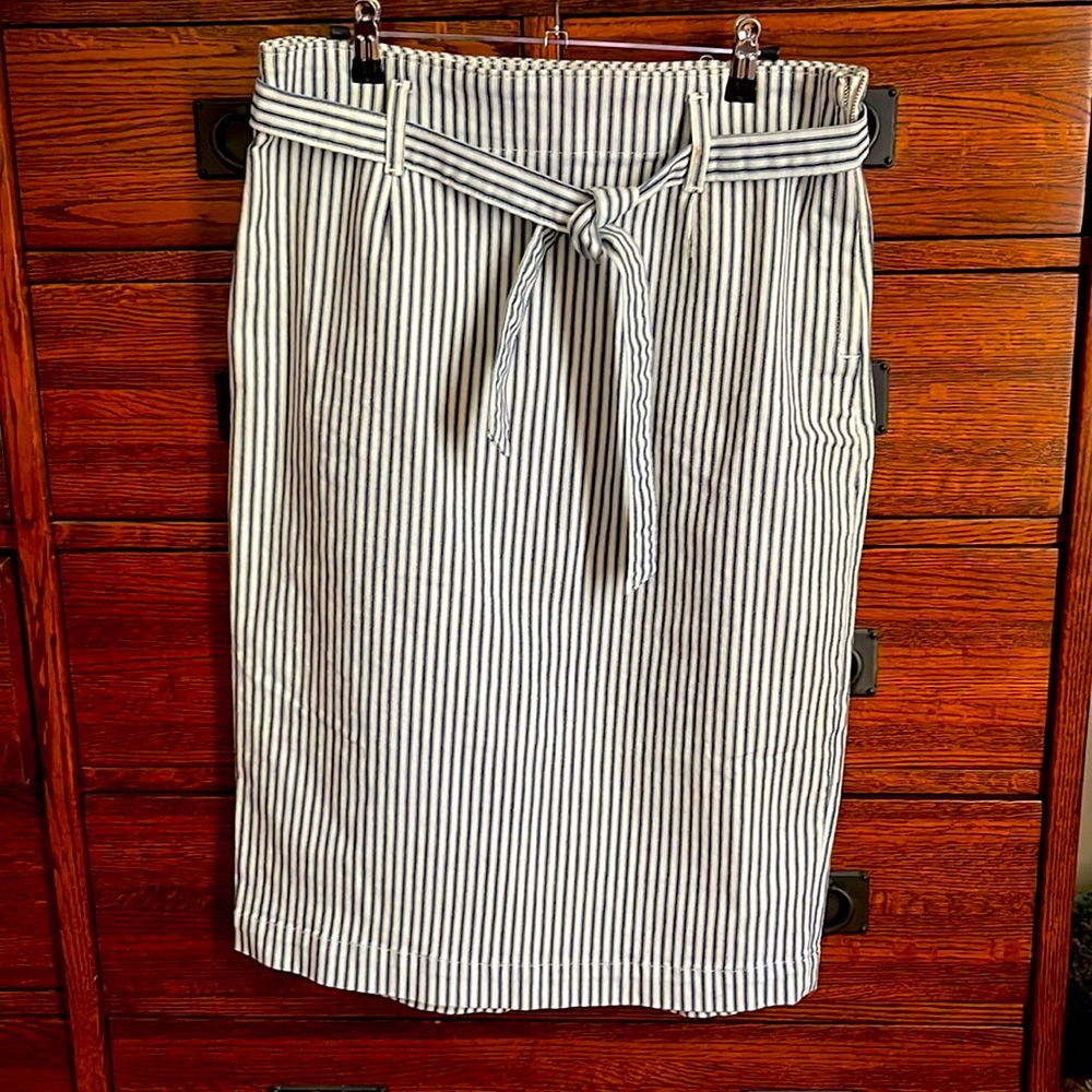 Size 30.  J.Crew skirt. White denim w/ blue stripes. 27.5in long.